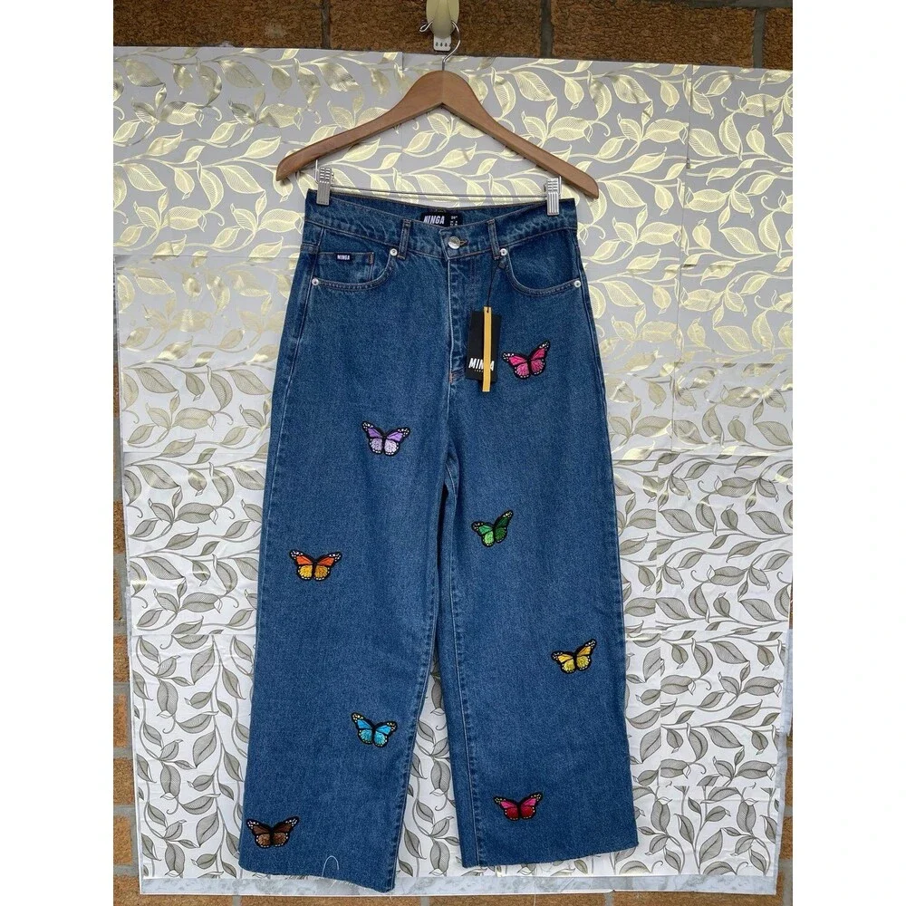 Minga London Butterfly Patch Wide Leg Skater Jeans Y2K Indie Aesthetic size 4 - Picture 2 of 12